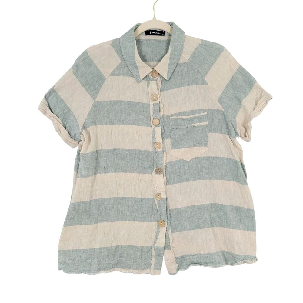 J ROBERTS Blue Beige Striped Linen Cotton Top Beachy Coastal Resort SIZE MEDIUM